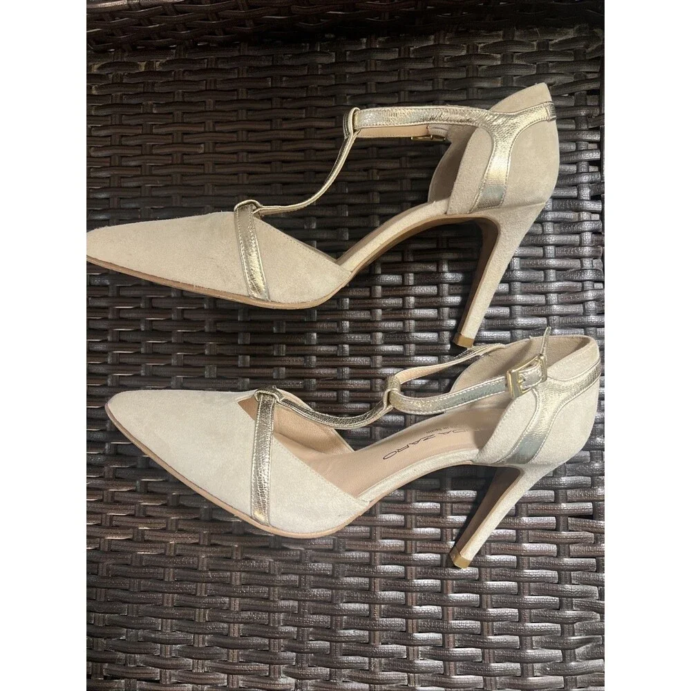 Brenda Zaro Spain Suede Tan & Gold T-Strap Pointed Toe Pumps Heels 37  6.5 Shoe